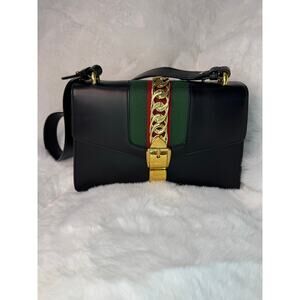 Gucci Sylvie Leather Shoulder Bag (Black with Web Detail)